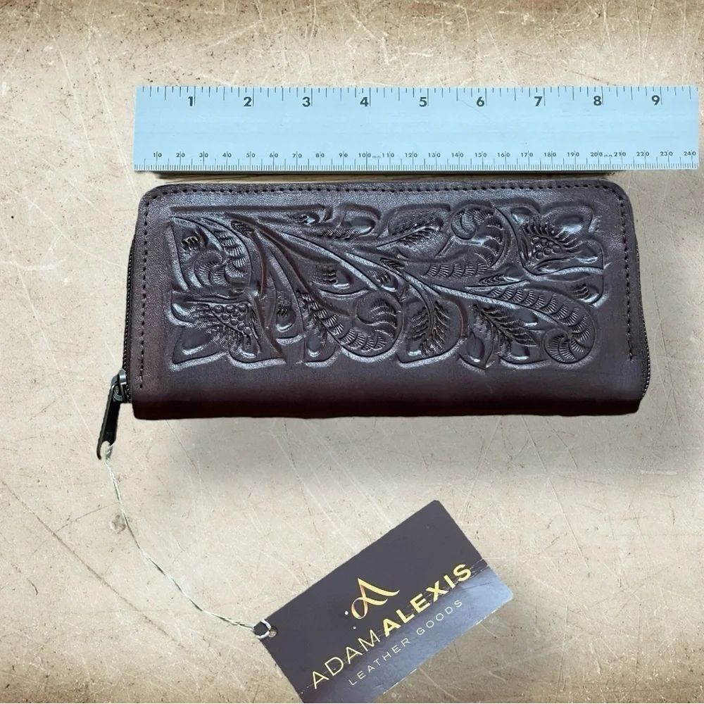 ADAMAlexis NWT Hand Tooled Brown Leather Zip Around Wallet